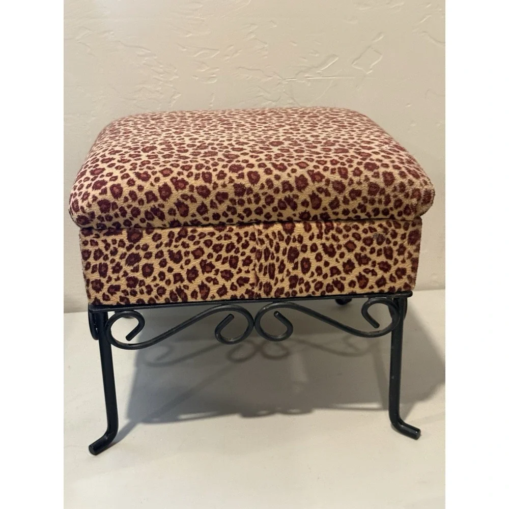 Vintage Leopard Velvet Foot Stool‎ Ottoman with Wrough Iron Legs 11